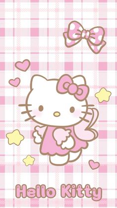 a hello kitty wallpaper with hearts and stars on the bottom right corner, in pink