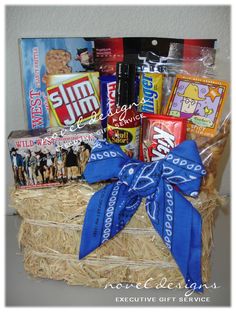 a gift basket filled with snacks and candy