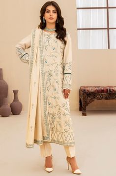 Mohagni MWS-07 Woolen Winter Collection Winter Embroidered Unstitched Lawn Suit, Embroidered Long Sleeve Lawn Suit For Winter, Winter Lawn Suit With Printed Motifs, Winter Cotton Sets With Printed Motifs, Off White Long Sleeve Lawn Suit With Dabka, Off White Printed Sets For Eid, Off White Sets With Printed Motifs For Eid, Unstitched Winter Festive Lawn Suit, Traditional Winter Unstitched Suit With Printed Motifs