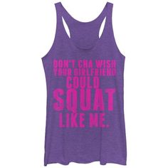 Bring a fresh and bold attitude to the gym the next time you workout with the Chin Up Squat Like Me Heather Purple Racerback Tank Top. "Don't Cha Wish Your Girlfriend Could Squat Like me" is written in a distressed pink print down this soft purple tank top. Sporty Purple Tank Top For Gym, Racerback Tank Top With Letter Print For Workout, Sports Season Workout Tank Top With Letter Print, Workout Tank Activewear With Letter Print, Purple Racerback Tank Top For Gym, Racerback Activewear With Graphic Print For Workout, Purple Racerback Tank Top For Athleisure, Purple Racerback Tank Top For Workout, Racerback Activewear With Letter Print For Gym