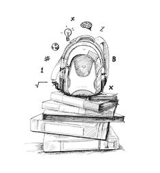 a stack of books with a backpack sitting on top of it and an earphone in the middle