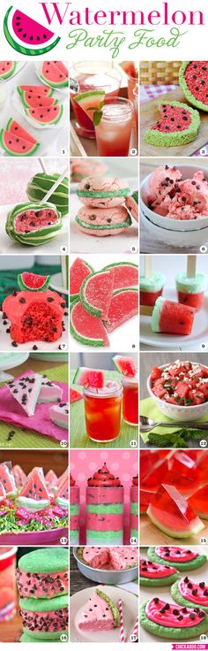 watermelon party food is shown in this collage, including cake and desserts