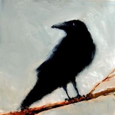 a painting of a black bird sitting on a branch