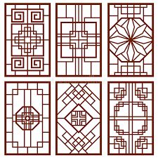 four different types of stained glass with geometric designs on the front and back panels, all in brown