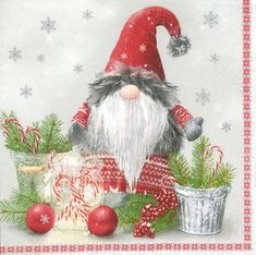 an image of a christmas gnome with candy canes and ornaments on the tablecloth