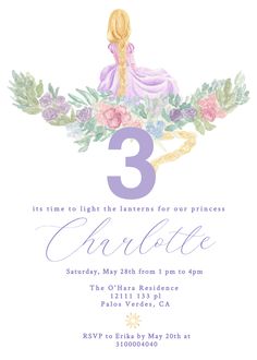 a birthday party card with the number three in purple and pink flowers, on top of a white background