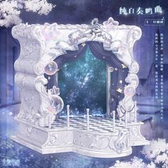 an ornate white and blue stage set with stars in the background