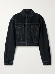 Shop SAINT LAURENT Cropped denim jacket, Explore the latest SAINT LAURENT women's collection today on NET A PORTER Black Cropped Cotton Denim Jacket, Saint Laurent Clothes, Saint Laurent Jeans, Cropped Denim Jacket, Denim Jacket Women, Clothing Essentials, Jacket Design, Cropped Denim, 80s Fashion