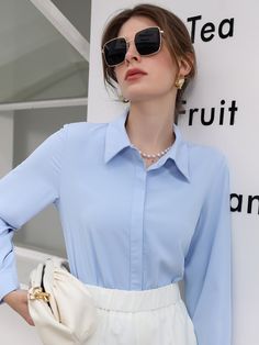 Blue Basics Collar Long Sleeve Polyester Plain Shirt Embellished Non-Stretch Spring Women Tops, Blouses & Tee Powder Blue Shirt Outfit Women, Light Blue Blouse Outfit, Hidden Button Shirt, Purple Shirt Outfits, Shein Wishlist, Batwing Sleeve Top, Look Formal, Dressy Fashion, Elegante Casual