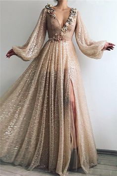 Sparkle Sequins Long Sleevess Prom Party Gowns| Chic V-neck Front Slit Long Prom Party Gowns-Ballbella Dresses With Split, Evening Dresses Uk, Glittery Dress, Formal Ball Gown, 파티 드레스, V Neck Prom Dresses, Cheap Evening Dresses, Affordable Prom Dresses, Long Sleeve Prom