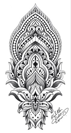 a black and white drawing of a flower with an intricate design on the center piece