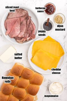 the ingredients to make ham and cheese sliders on a white marble counter top with text overlay