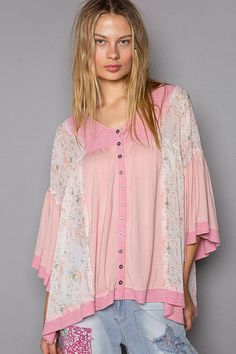 Button down V-neck 1/2 Bell sleeve oversized fit jersey knit top, sheer floral printed woven mixed on body and hoodie. Specs/Dimensions: - BUST: 27-1/2" - LENGTH: 27" - SLEEVE: 9-1/2" - SHOULDER: 26" Pink Loose Feminine Top, Pink Spring Blouse For Layering, Spring Pink Blouse For Layering, Pink Blouse For Spring Layering, Oversized Feminine Pink Top, Oversized Pink Floral Print Top, Pride Shoes, Vintage Ootd, Spider Jewelry