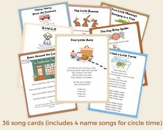 five children's song cards with the words, four little bunnys and three little bears