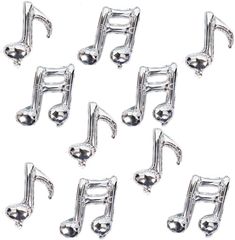 twelve silver metal musical notes on a white background