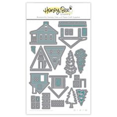 the honey bee house die set is shown in grey and blue, with an assortment of houses