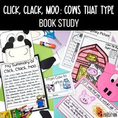 a pile of farm themed books with the title, click clack moo's that type book study