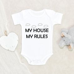 Baby Shower Gift Funny Baby Onesie Cute Clouds My House My Rules Baby Onesie Gift For Niece/Nephew Cute Baby Onesie HOW TO ORDER:1) Choose onesie2) Select design color if applicable3) Enter customization in “Add your personalization” field4) ADD TO CART5) Select from our shipping class optionsONESIE SIZES0-3 Months :: 21-24 in. / 6-12 Ibs.3-6 Months :: 24-26 in. / 12-16 Ibs.6-9 Months :: 26-28 in. / 16-20 Ibs.12 Months :: 28-30 in. / 20-24 Ibs.PERSONALIZATIONIF the item includes personalization, Police Baby Onesies, Baby Onesie Gift, Pregnancy Announcement Onesie, Personalized Baby Onesies, Custom Baby Onesies, Custom Baby Clothes, Personalized Onesie, Funny Onesies, Custom Onesies