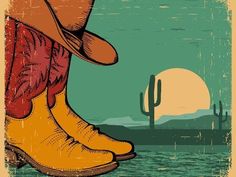 a cowboy boots and hat standing in front of a cactus with the sun setting behind them