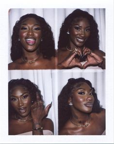 four different pictures of a woman smiling and holding her hand up to her face with both hands