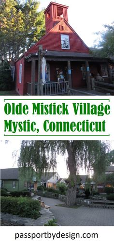 the olde mistick village, mystic, and connection is featured in this postcard