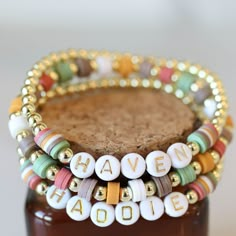 Golden Hour Bracelets the Fall Edition 3 Color Beaded Bracelet, Classy Friendship Bracelets, Beaded Bracelets Diy Words, Custom Beaded Bracelets, Clay Bracelet Stack Ideas, Fall Color Bracelets, Clay Friendship Bracelets, Bracelet Beaded Ideas, Fall Inspired Clay Bead Bracelets