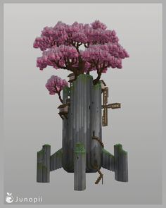 Minecraft build of a stone rocket structure with a cherry blossom tree sprouting out from the top. Cherry Blossom Tree Minecraft Build, Minecraft Sakura Biome, Cherry Blossom Biome Minecraft, Cherry Blossom Forest Minecraft, Cherry Blossom Wood Minecraft, Minecraft Crafts, Minecraft Buildings, Minecraft Designs, Minecraft Houses