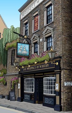 a drawing of the front of a pub on a city street with flowers growing out of it