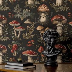 a wallpapered room with various mushrooms and plants on the wall next to a busturine