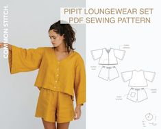 an image of a woman wearing a yellow top and shorts with the text, pitt loungewear set pde sewing pattern