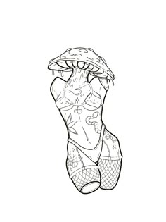 a drawing of a woman's leg with tattoos on her arm and legs, holding an umbrella over her head