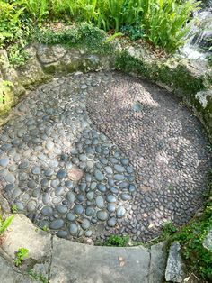 a circular rock garden in the middle of some plants