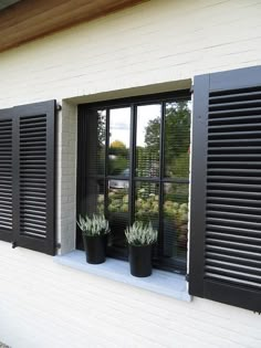 two potted plants sit in the window sill next to black shutters on a white brick building