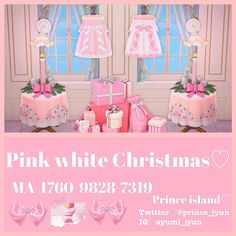 pink and white christmas decorations in front of a window with the words pinkwhite christmas