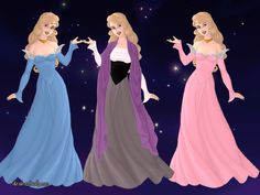 three princesses are standing in front of the night sky with their hands out to each other