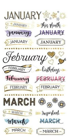 months of the year stickers are shown in various colors and font, including stars