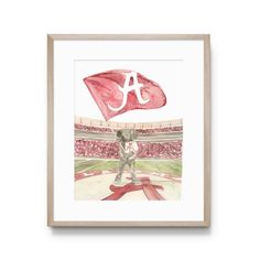 a watercolor painting of a football stadium with the letter a on it's side