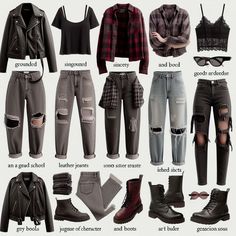 Alt Wardrobe Essentials, Soft Grunge Capsule Wardrobe, Grunge Wardrobe Essentials, Grunge Workout Outfits, Supernatural Outfit Ideas Women, Alt Capsule Wardrobe, Grunge Capsule Wardrobe, Goth Capsule Wardrobe, Rock Grunge Outfits