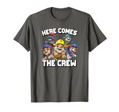 a t - shirt that says, here comes the crew with three dogs wearing helmets