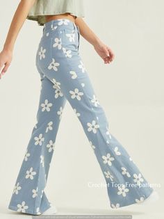 Crochet-crochet patterns crochet top Flare Jeans Festival Outfit, Fun Pants Aesthetic, Cute Pattern Jeans, Groovy Mom Outfit, Cute Wide Leg Jeans, Pattern Jeans Outfit, Groovy Outfit Women, Flower Jeans Outfit, Jeans With Patterns