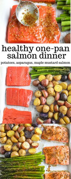 salmon, potatoes, asparagus, and other vegetables are arranged on top of each other