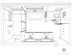 a drawing of a bathroom with two sinks and a toilet in the center, as well as an overhead shower head