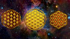 three golden geometric shapes in the middle of space with stars and planets behind them on a black background