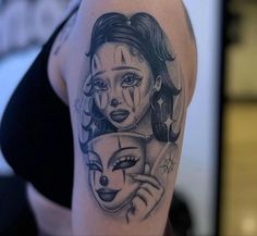 Smile Now Cry Later Tats Women, Betrayal Tattoo Ideas, Two Faced Tattoo, Latina Tattoo Ideas, Hispanic Tattoos, Portrait Tattoo Sleeve, Chest Tattoo Ideas, Floral Thigh Tattoos, Chest Hair