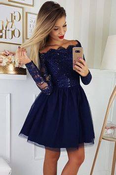 A-Line Off-the-Shoulder Long Sleeves Short Homecoming Dresses with Applique Wedding Dresses Near Me, Homecoming Dress Short, Long Sleeve Homecoming Dresses, School Dance Dresses, Mini Prom Dresses, Mini Homecoming Dresses, Tulle Homecoming Dress, Blue Homecoming Dresses