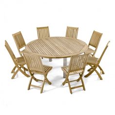 a round wooden table with six chairs around it and one chair on the other side