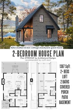 the two bedroom house plan is shown in this advertment, and features an open floor