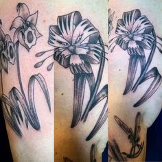 three different pictures of flowers on the back of a man's arm and shoulder