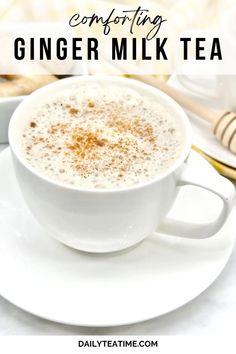 a close up of a cup of coffee on a saucer with the words, confecting ginger milk tea