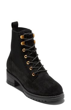 Perfect for cold weather, this leather combat boot featuring lace-up ties, stretchy ribbed panels and a lugged sole for trendy style. Leather upper/synthetic lining and sole Imported Women's Combat Boots, Suede Combat Boots, Combat Boots Black, Platform Boots Women, Womens Combat Boots, Lace Up Combat Boots, Cole Haan Women, Combat Boot, Black Booties